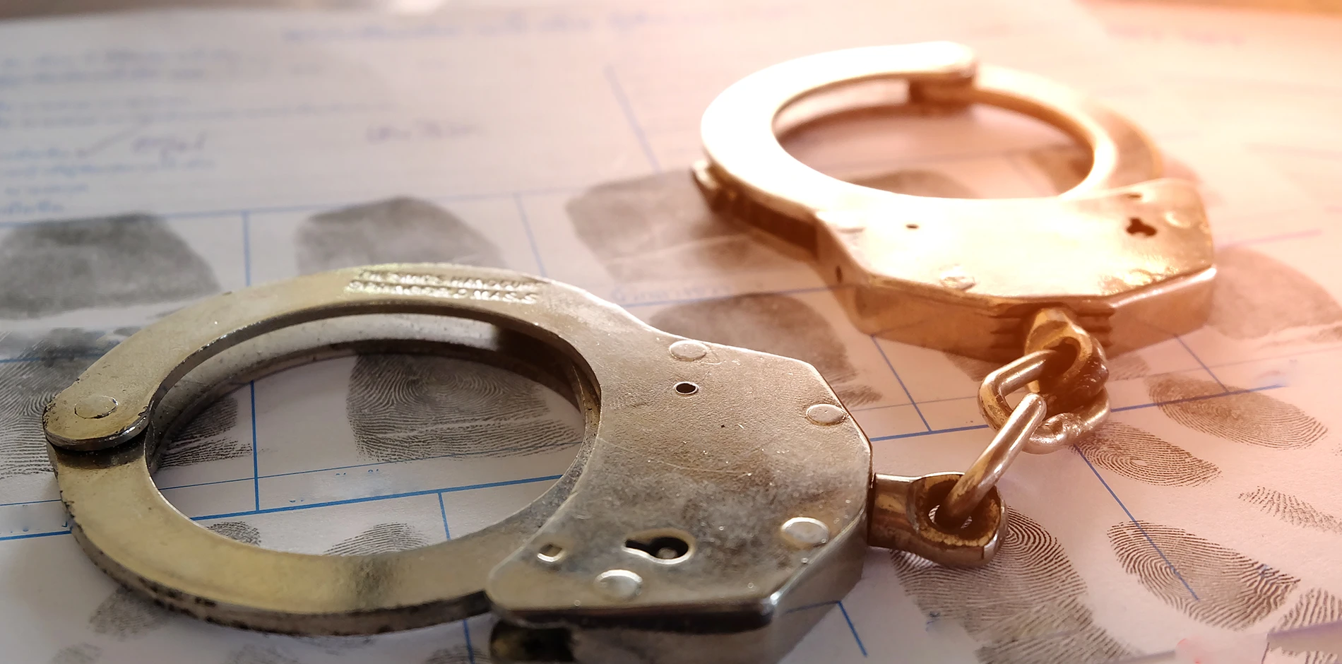 Handcuffs rest on a forensic document featuring multiple criminal fingerprints under warm lighting.