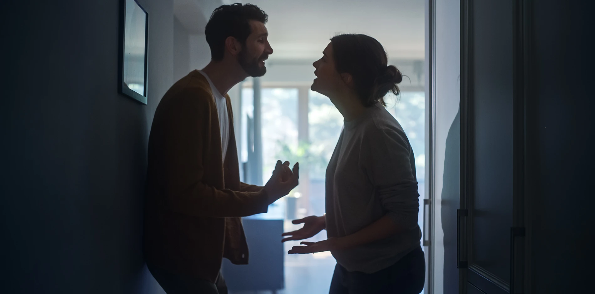 Domestic couple arguing intensely in a dark hallway, silhouetted against a bright background.