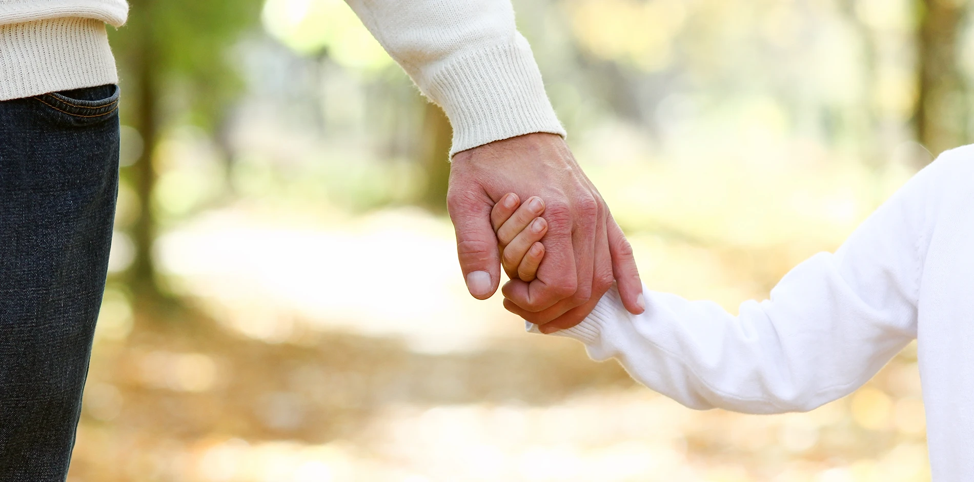 A parent's hand holds a child's hand while walking in an outdoor setting.