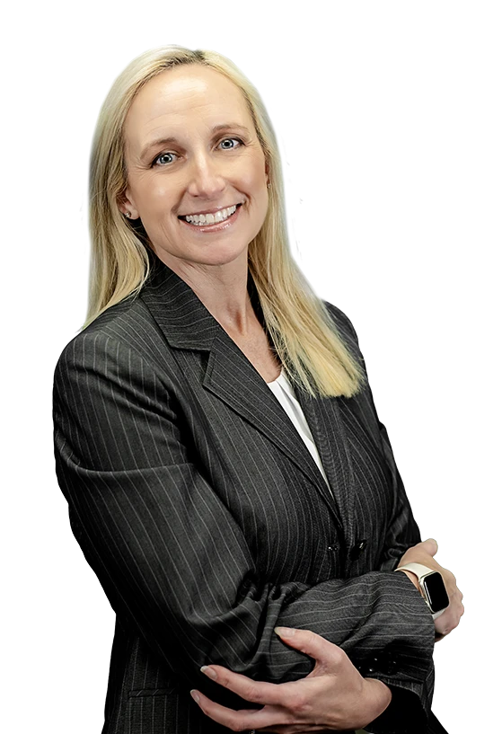 Lauren D, a smiling blonde woman in a pinstriped suit with crossed arms, against a teal and black background.